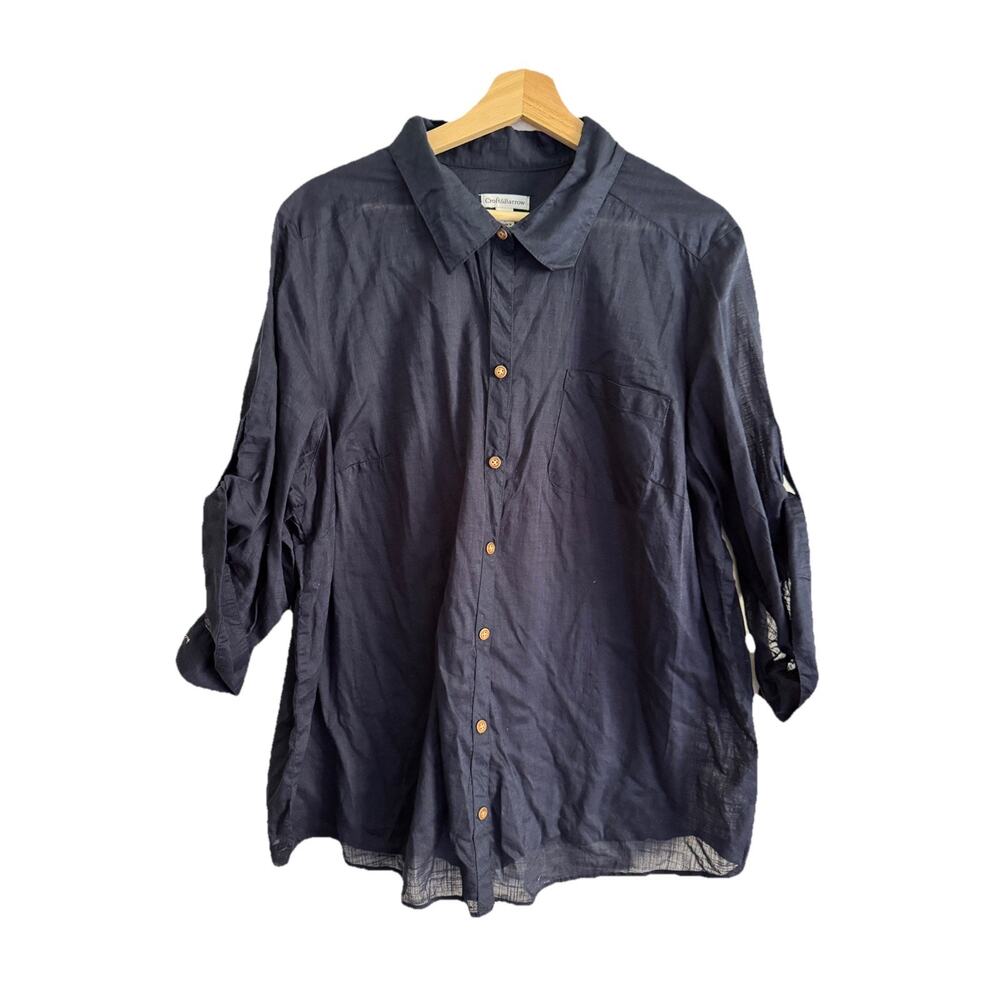 Women's XL 100% Cotton Navy Blue Collar Button-Up Shirt Nautical Classic Style